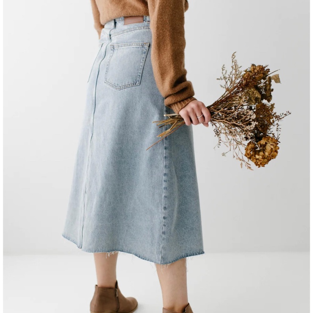 Main Street Exchange “Brooke” A-Line Midi Denim Skirt - Picture 3 of 9